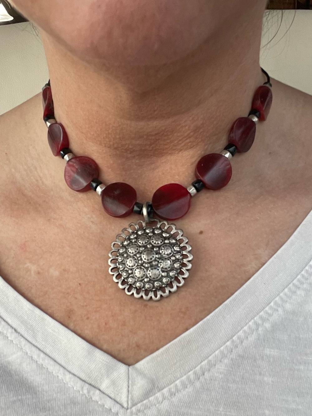 Vintage Red Lucite Bead Statement Necklace w Silver Medallion